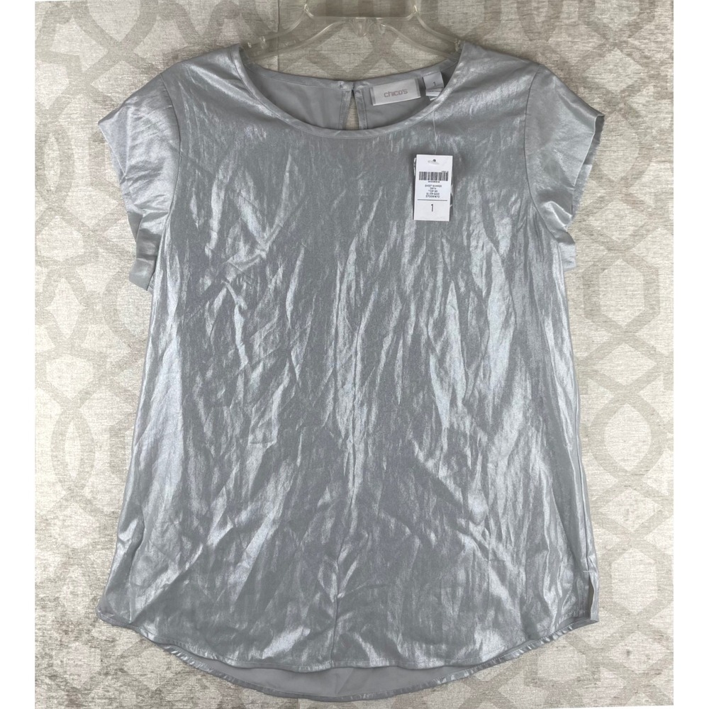 Chico's Sweet Shimmer Drita Women Size 1 Medium Silver Metallic Blouse New